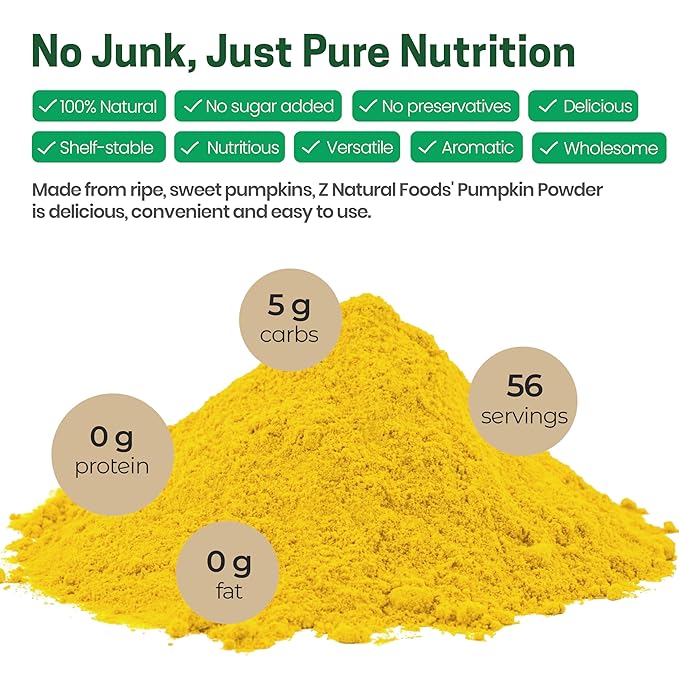 Z Natural Foods Organic Pumpkin Powder - Pure Powdered Pumpkin for Delicious Pumpkin Spice Latte, Baking, Smoothies, Juice, Puree - Dried Sweet Vegan Pumpkin Powder, Gluten Free, Kosher, 1 lb