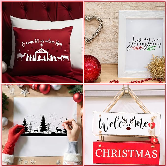 Dunzy 16 Pcs Christmas Stencils for Door Mats Crafts Reusable Merry Christmas Welcome Templates Large Stencil for Painting on Wood Sign Wall Doormat DIY Project