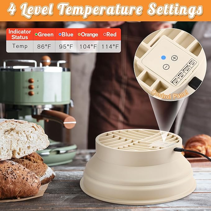 Enhon Heated Bread Proofing Baskets, Round 9 Inch Sourdough Starter Kit 4 Levels Temperature Adjustment Bread Making Tool, Proofing Basket with Liners for Banneton Bread Baking Homemade Essentials