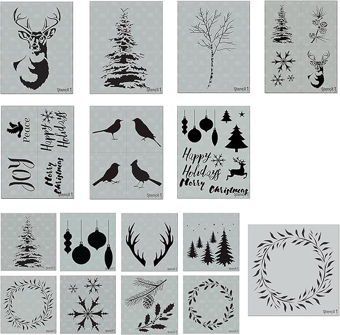 Stencil1 Ultimate Winter Holiday 16 Pack Set Stencil – Reusable Winter Christmas Template for DIY Crafts, Holiday Decor, Painting on Wood, Fabric, Cards & More - 8.5" x 11"