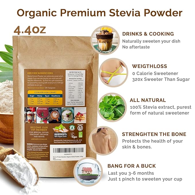 Enzo Organic Stevia Powder 125g (4.4oz / 3125-Servings) - Premium USDA Certified All Natural Alternative-Sweetener 320x Sugar Free Non-GMO 0 Calories Vegan No Aftertaste Kosher