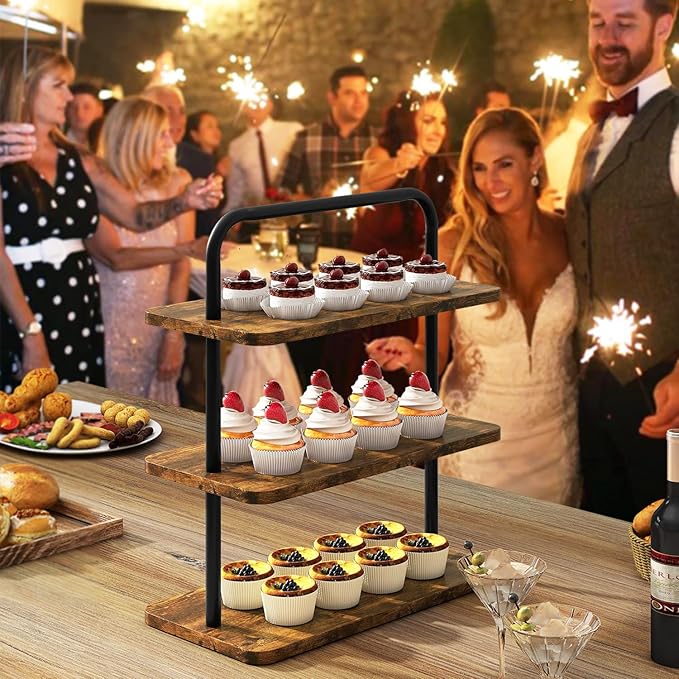 IBUYKE Wood Cupcake Stand,3 Tier Dessert Stand,Cupcake Stand for 50 Cupcakes,Cupcake Tower Dessert Display Stand for Party, Christmas, Wedding, Baby Shower, Serving Tray,Rustic Brown UTLJ013H
