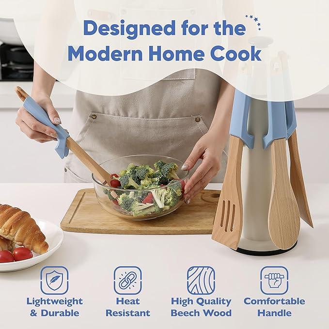 Chef’s Path Wooden Cooking Utensils Set – 5-Piece Beech Wood Kitchen Utensils Set with Silicone Spoon Rest, Wooden Spatula, Serving Spoon, Wooden Spoons for Cooking & Rotating Utensil Holder, Blue