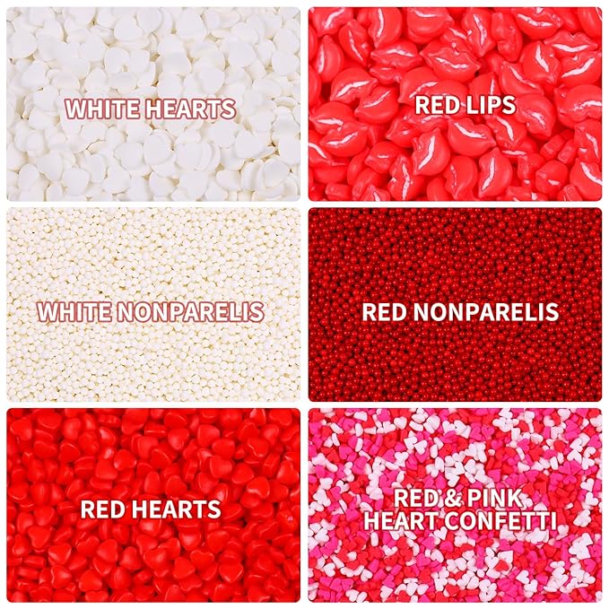 Heart Sprinkles Valentines Edible Sprinkle Mix Red White Heart Shapes Nonpareils Pastel Sprinkles for Cake Decorations Baking Ice Cream Cookies Cupcake Topper 6 Packs