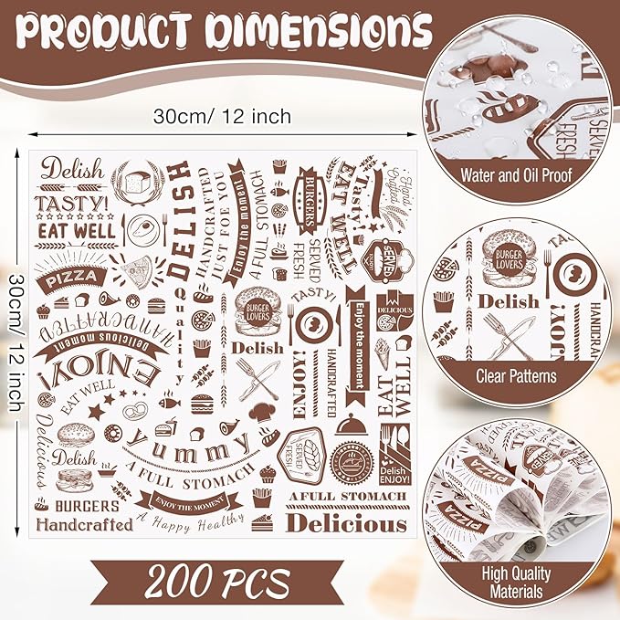 Marspark Deli Wax Paper Sheets 12 x 12 Inches Square Grease Resistant Tray Basket Liners Hot Dog Wrappers Newsprint Water and Grease Proof Sandwich Wrapping Paper for Food Baking(Brown White,200 Pcs)