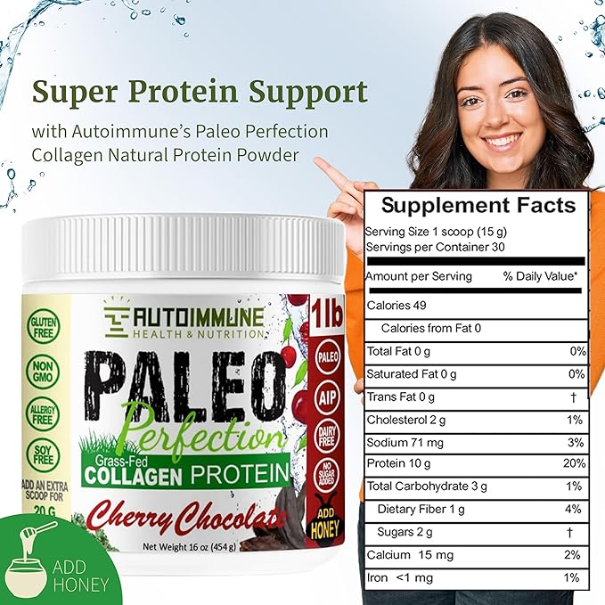 Paleo Perfection Cherry Chocolate Grass Fed Beef Collagen Protein Powder without Stevia - Paleo, Keto, SCD, AIP Protein Powder w/ Apple Fiber, Carrot, Broccoli - 1lb Protein Powder & Superfood Blend