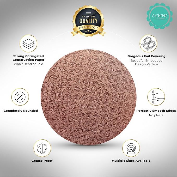 O’Creme Cake Board, Rose Gold Foil Round Cake Circles with Gorgeous Design, Sturdy & Durable 1/2” Thick Cake Drums, Round Cake Boards with 18” Diameter, Pack of 5 Disposable Cake Drums