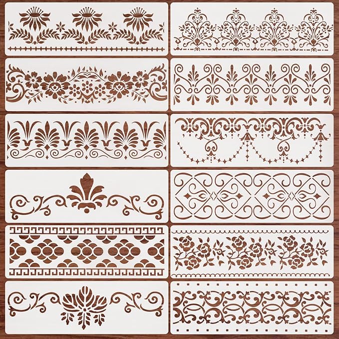 12 Pcs Border Stencils for Painting Mandala Flower Stencil Template Retro Reusable Furniture Cake Decorative Stencils Border for Wood DIY Craft Canvas Fabric
