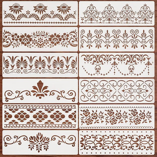 12 Pcs Border Stencils for Painting Mandala Flower Stencil Template Retro Reusable Furniture Cake Decorative Stencils Border for Wood DIY Craft Canvas Fabric