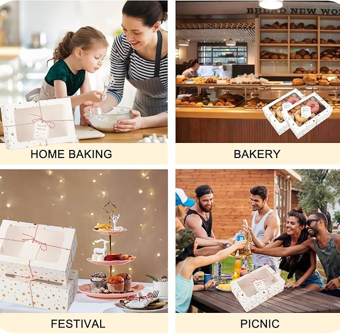 24 Sets Christmas Cookie Boxes with Window Treat and Pastry 9x6x3 Inches Gold Bakery Boxes Container for Gift Giving Christmas Chocolate Covered Strawberries,Donut,Mini Cake Packaging Boxes