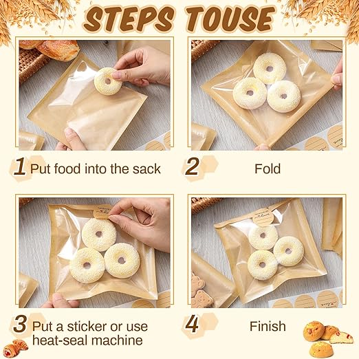 Outus 100 Pcs Cookie Packaging Bags with Seal, 5 x 6 Inch Bakery Pastry Bags with Window, Heat Sealable Grease Resistant Paper to Go Bake Sleeves for Gift Giving Donut Bread Sandwich (Brown)