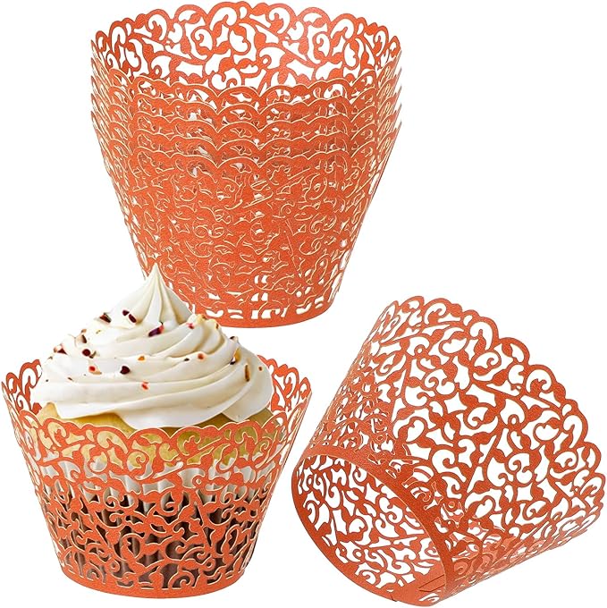 PATIKIL Cupcake Wrappers Paper, 50 Pack Baking Cups Standard Vine Decoration for Anniversary Birthday Weddings and Parties, Orange Red
