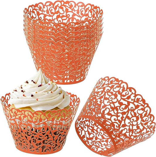 PATIKIL Cupcake Wrappers Paper, 50 Pack Baking Cups Standard Vine Decoration for Anniversary Birthday Weddings and Parties, Orange Red