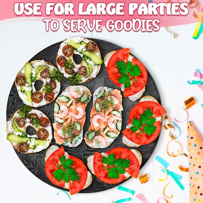 12 Inch Cake Drum - Black Round 12 Inch Cake Boards for Holiday Dessert Presentation, Grease and Moisture Resistant, Thick Durable Material with Fancy Pattern, Great for Christmas Parties & Birthdays