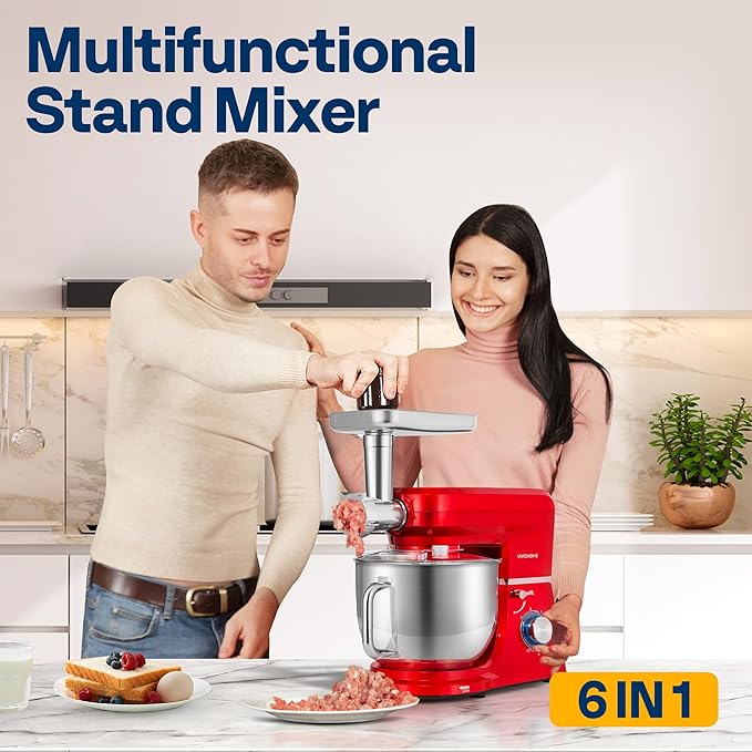 VIVOHOME 6 in 1 Multifunctional Stand Mixer with 8.5 Quart Stainless Steel Bowl, 660W 10 Speed Tilt-Head Meat Grinder, Juice Blender, Vegetable Slicer, Pasta and Cookie Maker, Red