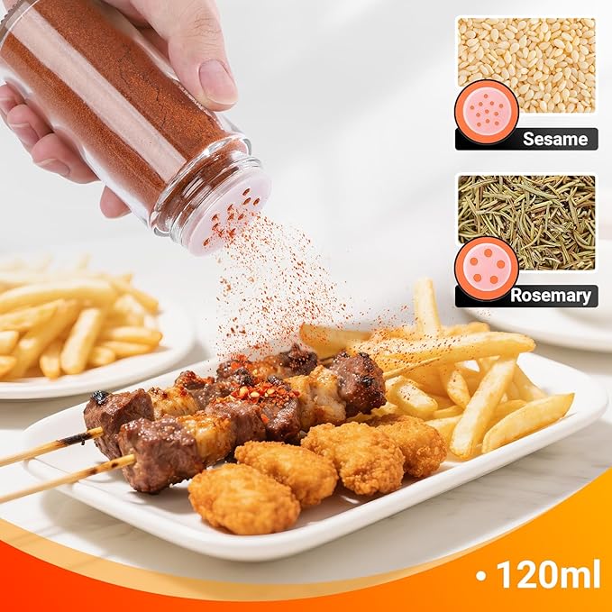 Segarty 4oz Spice Containers with Stainless Steel Shaker Lids, 3 Pack 120ml Round Spices Jars, Empty Seasoning Organizer Salt Pepper Sugar Organization for Cabinet, Glass Jars with 7 Stickers, 1 Brush