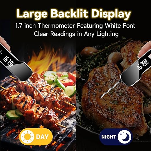 Meat Thermometer Digital with Backlight Large Display, IP67 Waterproof Instant Read Food Thermometer for Cooking, Candy, Kitchen, BBQ, Essential Kitchen Accessories with Compact Foldable Design