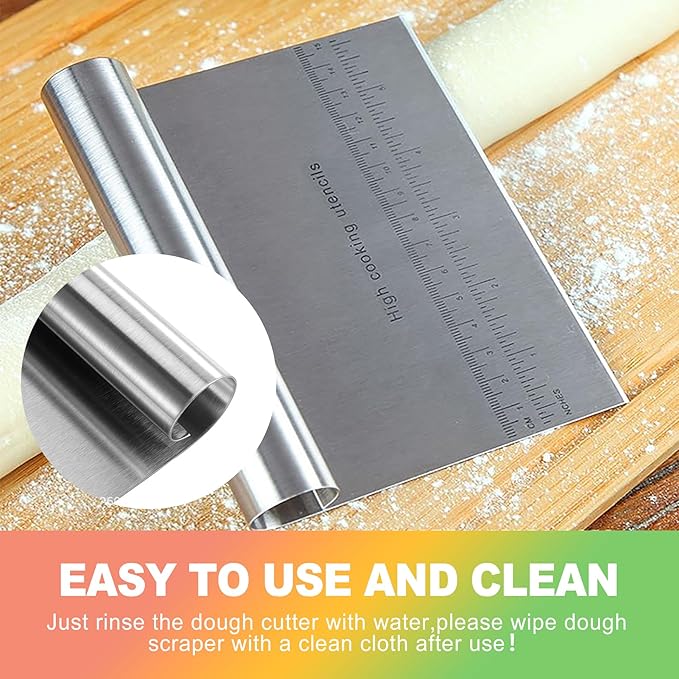 ZukoCert 2-Pack Stainless Steel Bench Scraper – Durable Dough Cutter with Built-In Measuring Ruler (Multipurpose Tool for Pizza, Cake, Baking & Pastry Work, Easy to Clean)