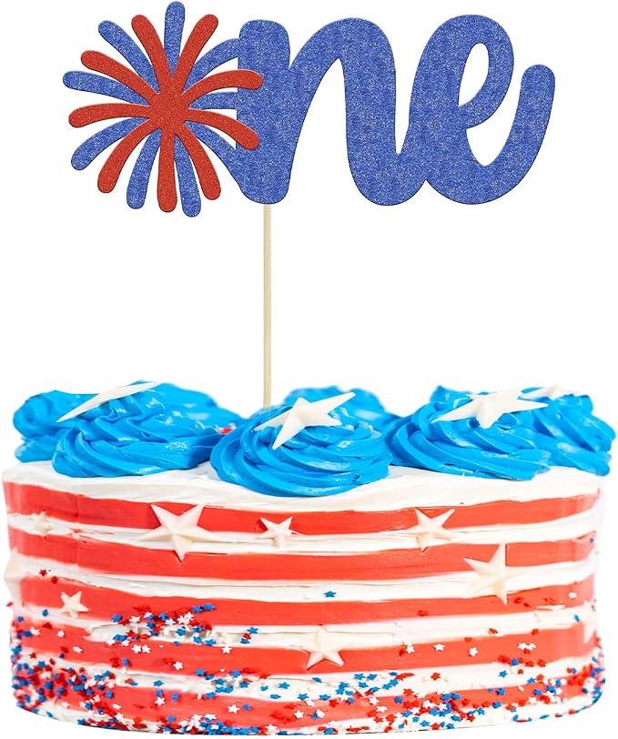 1Pc Happy Independence Day One Cake Topper Glitter Firework Happy 4th of July First Birthday Cake Decorations for Independence Day Theme Party Cake Decorations Supplies