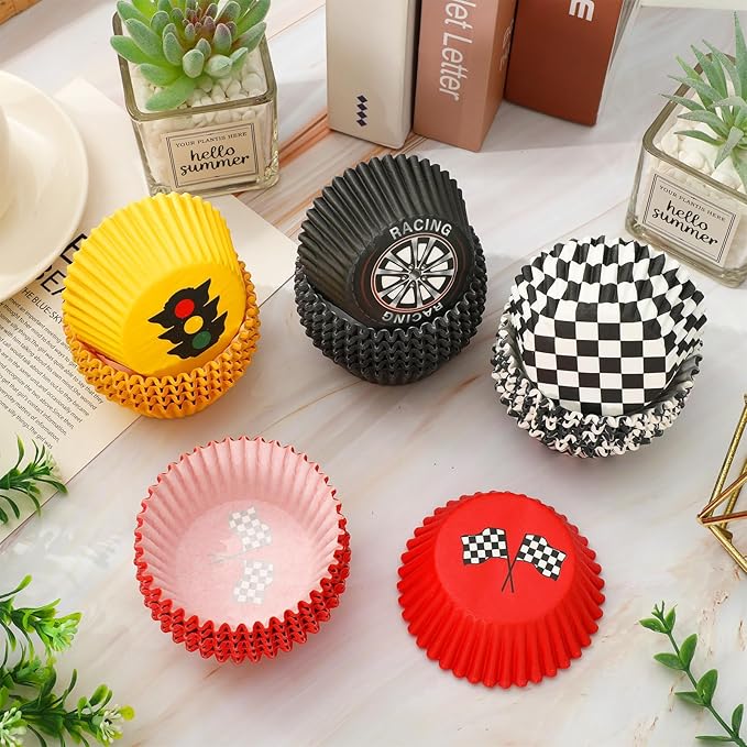 600 Pcs Race Car Cupcake Liner Paper Baking Cups Red Yellow Black White Checkered 4 Designs Muffin Liner Cake Storage Container for Birthday Party DIY Crafts Supplies, 2 x 1.2 Inch