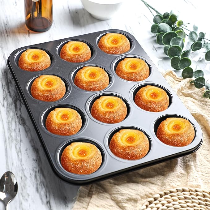 Muffin Pan 12 Cups Non-stick for Mini Cakes Tarts Biscuits Muffins Cupcakes Used by Stainless Steel (black)