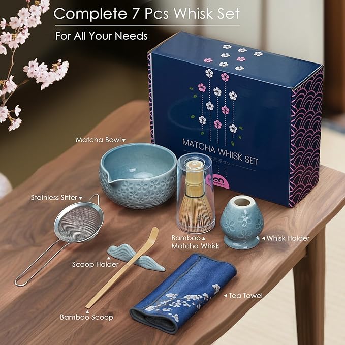 7Pcs Matcha Whisk Set, Ceramic Matcha Bowl with Spout, Bamboo Whisk and Holder,Bamboo Scoop,Scoop Rest,Sifter,Tea Towel, Matcha Kit with Cherry Blossom Carved Patterns for Matcha Lovers (Sakura Blue)