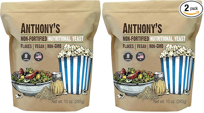 Anthony's Premium Nutritional Yeast Flakes, 10 oz, Non Fortified, Batch Tested Gluten Free, Non GMO (Pack of 2)
