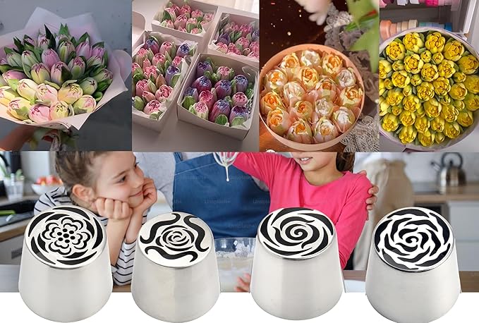Cake Decorating Kit Extra Large Russian Piping Tips Stainless Steel Icing Tips Set for Buttercream Roses 3D Floral Designs Baker Tools for Wedding Birthday Cakes Cupcakes Cookies (4)