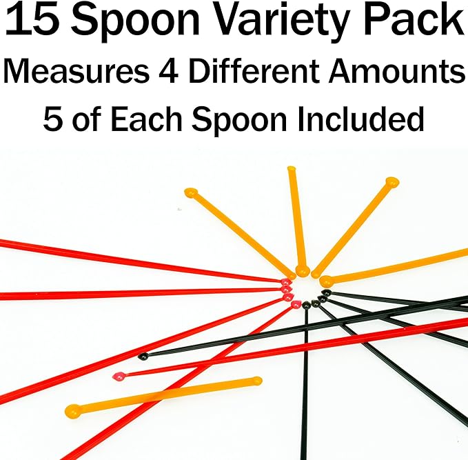 SuperDosing Static-Free Micro Scoop Variety Pack 6 Milligram - 30 Mg Measuring Spoons 15 Pack. Sturdy For Easy, Mess-Free Nootropic Supplement Powder Measurement. 3 Sizes x 5 of Each Size Tiny Spoon.