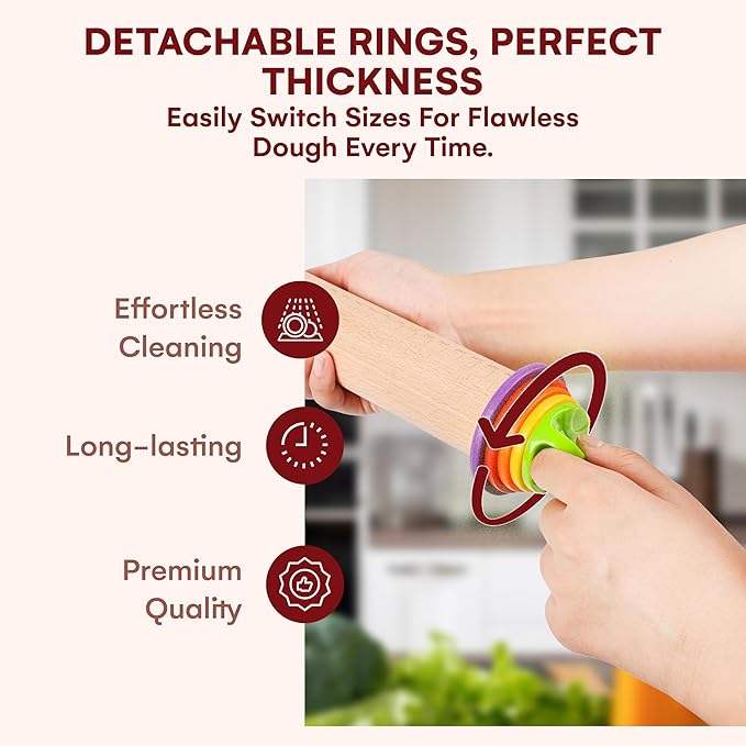 Kitchtic Adjustable Rolling Pin with Removable Rings - Precision Baking and Cookie Dough Rolling Pin with Thickness Measuring Rings for Perfectly Rolled Dough - Multi-Color - 16.9''x2.5''x2.5''