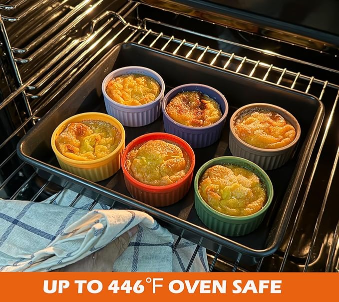 Koluti Nonstick Silicone Ramekins 8oz Set of 6, Creme Brulee Souffle Oven Safe Bowls with Lids, Pudding Dessert Baking Cups Ice Cream Snack Food Storage Container, BPA Free, Microwave, Freezer, Dishwasher Safe