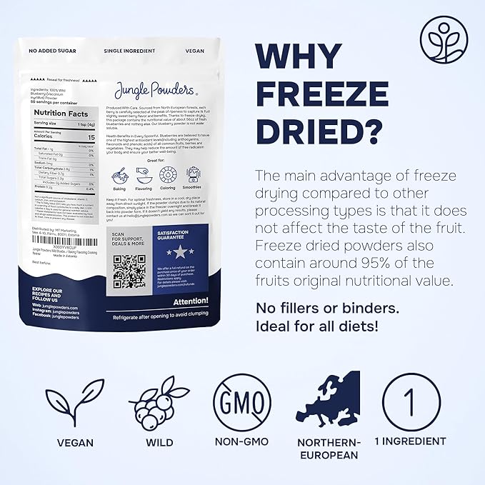 Jungle Powders Wild Blueberry Powder 7 Ounce Bag, Nordic Freeze Dried Blueberries No Sugar Added for Smoothie, Additive and Filler Free Bilberry Fruit Superfood Powder for Baking Flavoring Cooking