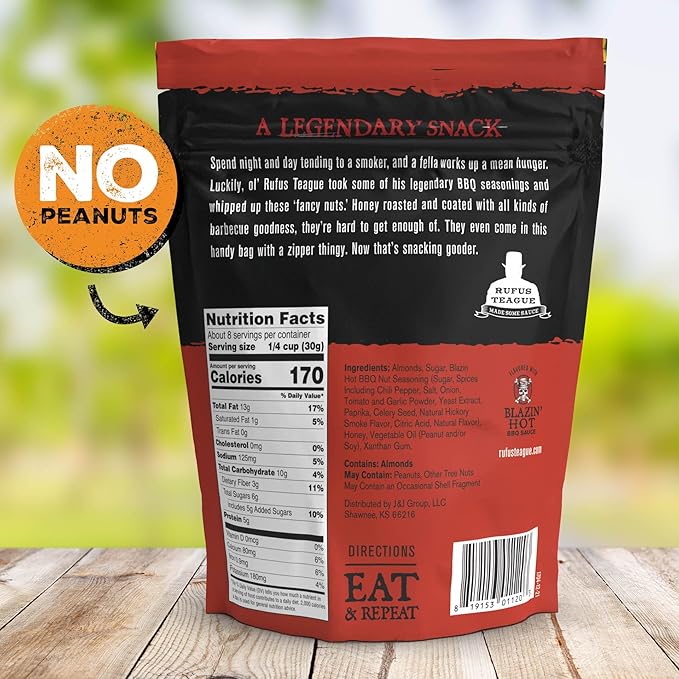 Rufus Teague Hot BBQ Honey Roasted Almonds – Sweet, Spicy & Smoky Gourmet Snacks, 9 oz Resealable Pouch for Freshness, 2 Pack
