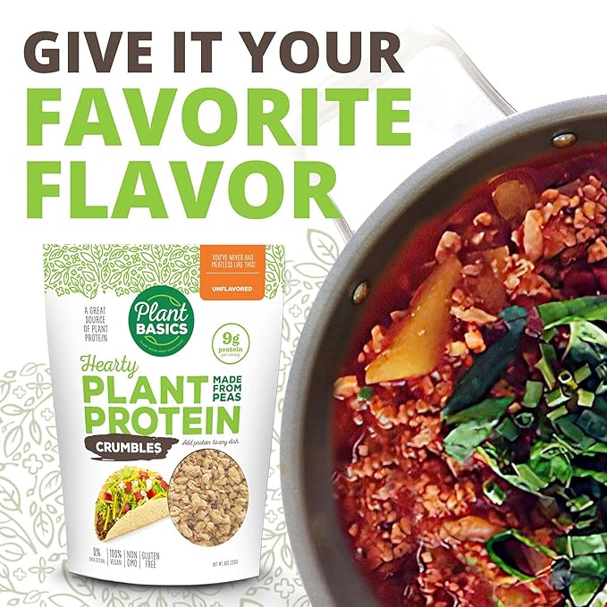 Plant Basics - Hearty Plant Protein - Unflavored Crumbles, 8 oz, Made from Peas, Non-GMO, Gluten Free, Low Fat, Low Sodium, Vegan, Meat Substitute