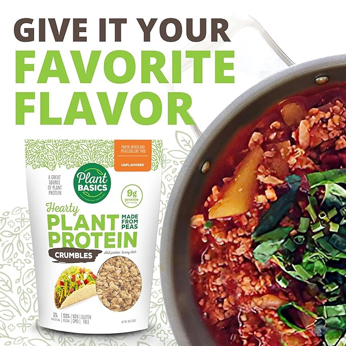 Plant Basics - Hearty Plant Protein - Unflavored Crumbles, 8 oz (Pack of 6), Made from Peas, Non-GMO, Gluten Free, Low Fat, Low Sodium, Vegan, Meat Substitute