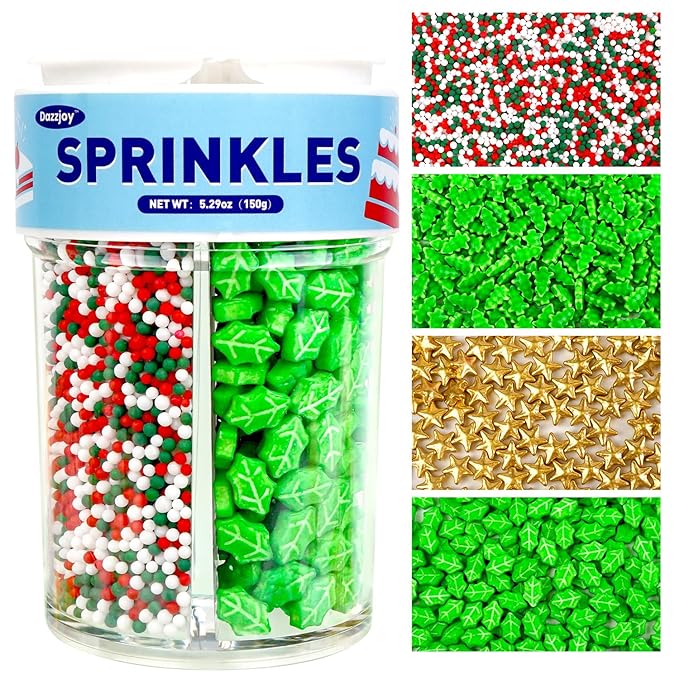 Dazzjoy Christmas Edible Sprinkles, Gold Star Sprinkles for Cake Decorating, 150g/5.29oz, Mix Shape, Nonpareils & Leaf Sugar for Decorating Cookies, Cake Decoration & Cupcake Topper