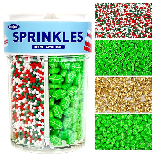 Dazzjoy Christmas Edible Sprinkles, Gold Star Sprinkles for Cake Decorating, 150g/5.29oz, Mix Shape, Nonpareils & Leaf Sugar for Decorating Cookies, Cake Decoration & Cupcake Topper
