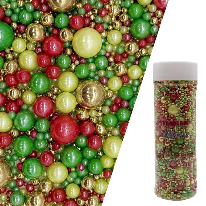Edible Christmas Mixed Colour Sugar Pearls Sprinkles Candy Mix Size Pearls Cake Decorations Cupcake Toppers Decorating Perfect for Wedding Party Valentine Christmas Supplies 4.58OZ
