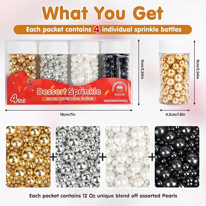 Christmas Edible Pearl Sprinkles for Cake Decorating,4 Pack,5.3oz,Gold Silver White and Black Sugar Pearls Sprinkle Mix,Perfect for Cake Decorations,Baking,Ice Cream,Cookies,Cupcake Topper,Birthday Holiday Party Wedding Valentines Supplies