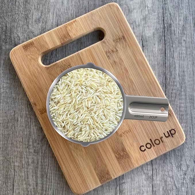 Color Up Measuring Cup Set, Stainless Steel 1 Cup (240ml) & 2 Cup (480ml) Scoops with Engraved Markings, Dual Pour Spouts, Flat Base, Dishwasher Safe for Dry and Liquid Ingredients