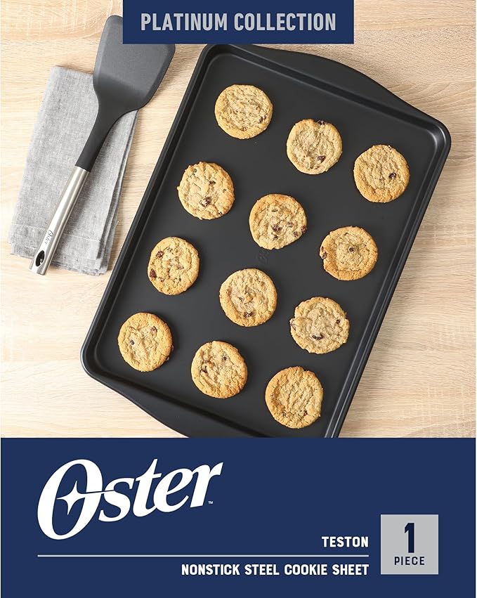 Oster Teston Nonstick Cookie Sheet, 18 x 13 Inch Carbon Steel Baking Pan, Matte Black, Warp-Resistant, PFAS-Free, Oven-Safe