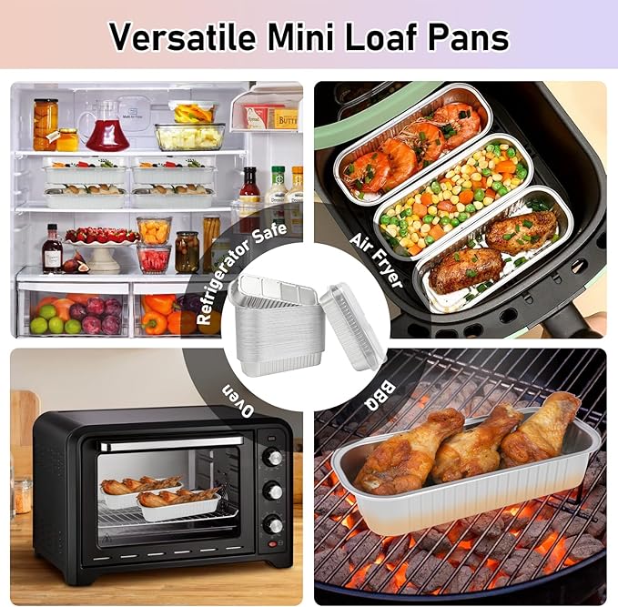 OcePor 50 Pack Mini Loaf Pans With Lids，Mini Cake Pans With Lids and Spoons，6.8oz Bread Loaf Pans Disposable，Small Aluminum Cake Tins,Baking Pans Individual (White)