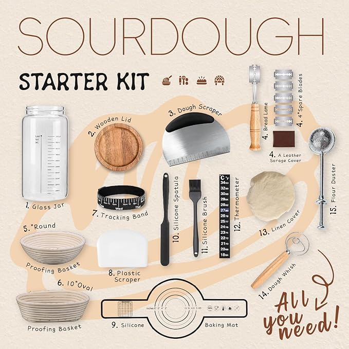Sourdough Starter Kit,40oz Sourdough Starter Jar with sealed Lid,2 Banneton Bread Proofing Baskets (9”Round & 10”Oval),Bread Making Supplies Tools,Complete Sourdough Bread Baking Supplies