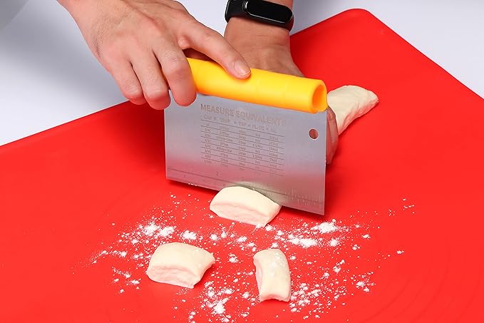 Bench Scraper-Stainless Steel Dough Scraper and Flexible Plastic Bowl Scraper 4-Piece Set-Bread/Pastry/Pizza Cutter, Multifunctional 2-in-1 Baking Tools With Measurement Marks