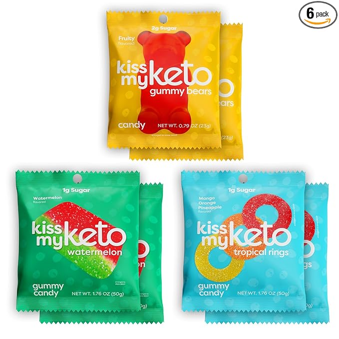 Kiss My Keto Original Flavor Variety Pack – 1g Sugar, Low Carb, High Fiber, non-GMO Sour Gummies Candy – 2-pack Mixture of Gummy Bears, Melons & Rings - (6-pack)