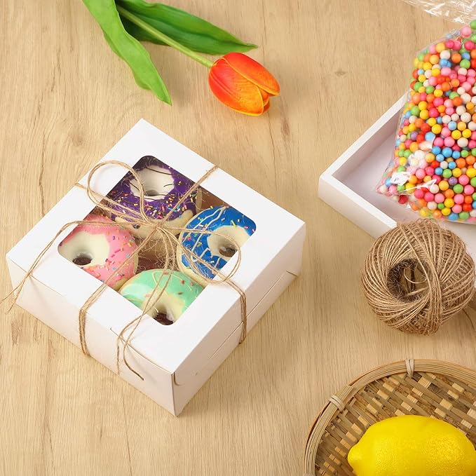 50 Pieces Bakery Box with Window Cookie Boxes Mini Kraft Boxes Gift for Pastries, Candy, Pie, Cupcakes, Soap Packaging for Homemade Soap(White,6.3 x 6.3 x 3 Inch)