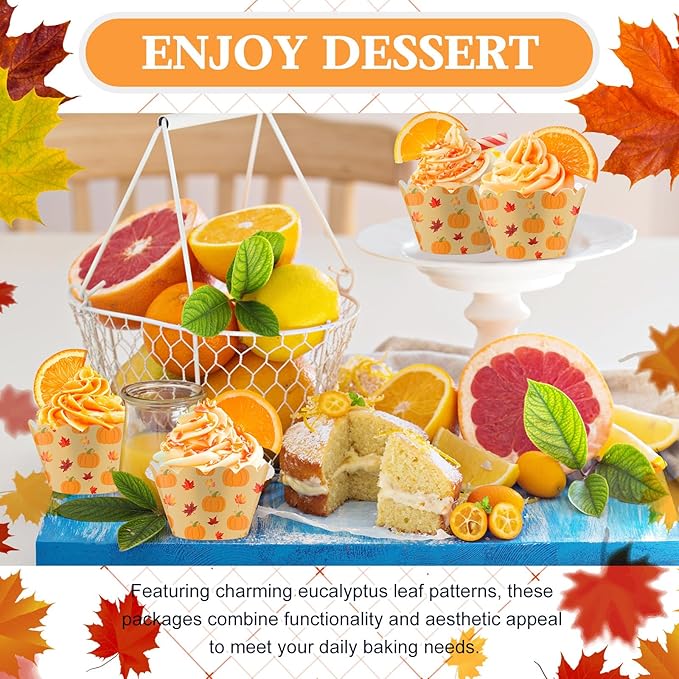 Domensi 100 Pcs Fall Pumpkin Maple Leaf Cupcake Wrappers Rustic Cupcake Liners Thanksgiving Baking Cups Baking Liners for Autumn Wedding Bridal Baby Shower Birthday Party Supplies Dessert Decoration