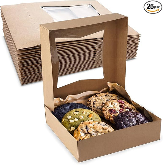 MT Products Brown Cookie Boxes 8" x 8" x 2.5" - Auto Pop-Up Bakery Boxes with Window (Pack of 25) - Made in the USA