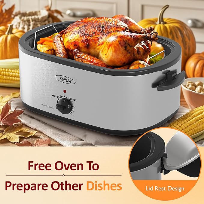 Sunvivi Electric Roaster,28 Quart Roasting Oven with Self-Basting Lid Removable Pan,Turkey Roaster Oven with 150 to 450F Temperature Control Cool-Touch Handles, Sliver