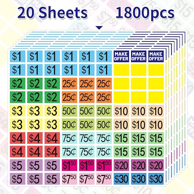 1" X 3/4" Removable Garage Sale Stickers,1800 PCS Yard Sale Price Stickers Rectangle Preprinted Price Labels for Fle Market Sale